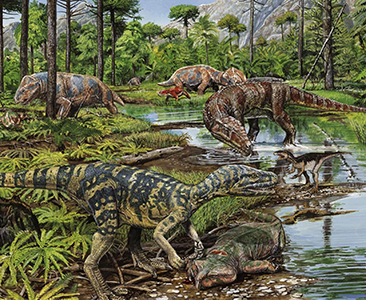 Triassic animals near a river