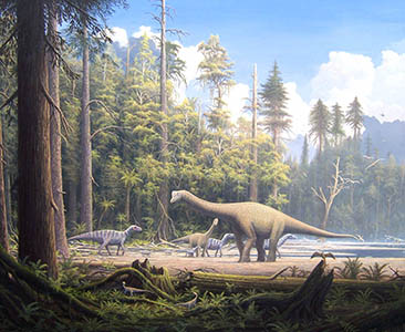 A Sauropod and other dinsaurs in an open space