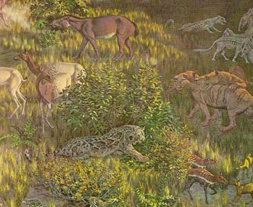 Animals from the Oligocene epoch in a grassland